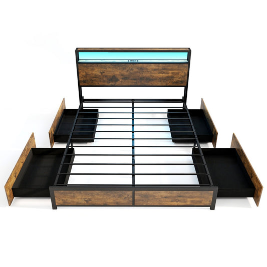 Livsk costway kingsize bedframe met verlichting en een set van 2 moderne nachtkastjes platformbed en industriele salontafels 2