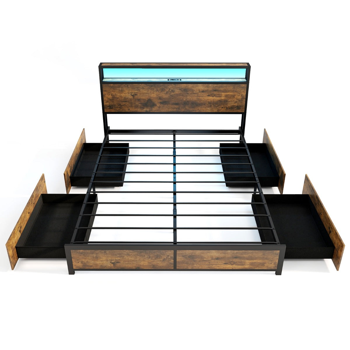 LIVSK LED-bedframe met Opberghoofdeinde en Laadstation - 60.000 Kleuren - Afstandsbediening - Draagvermogen tot 500 kg - Rustiek