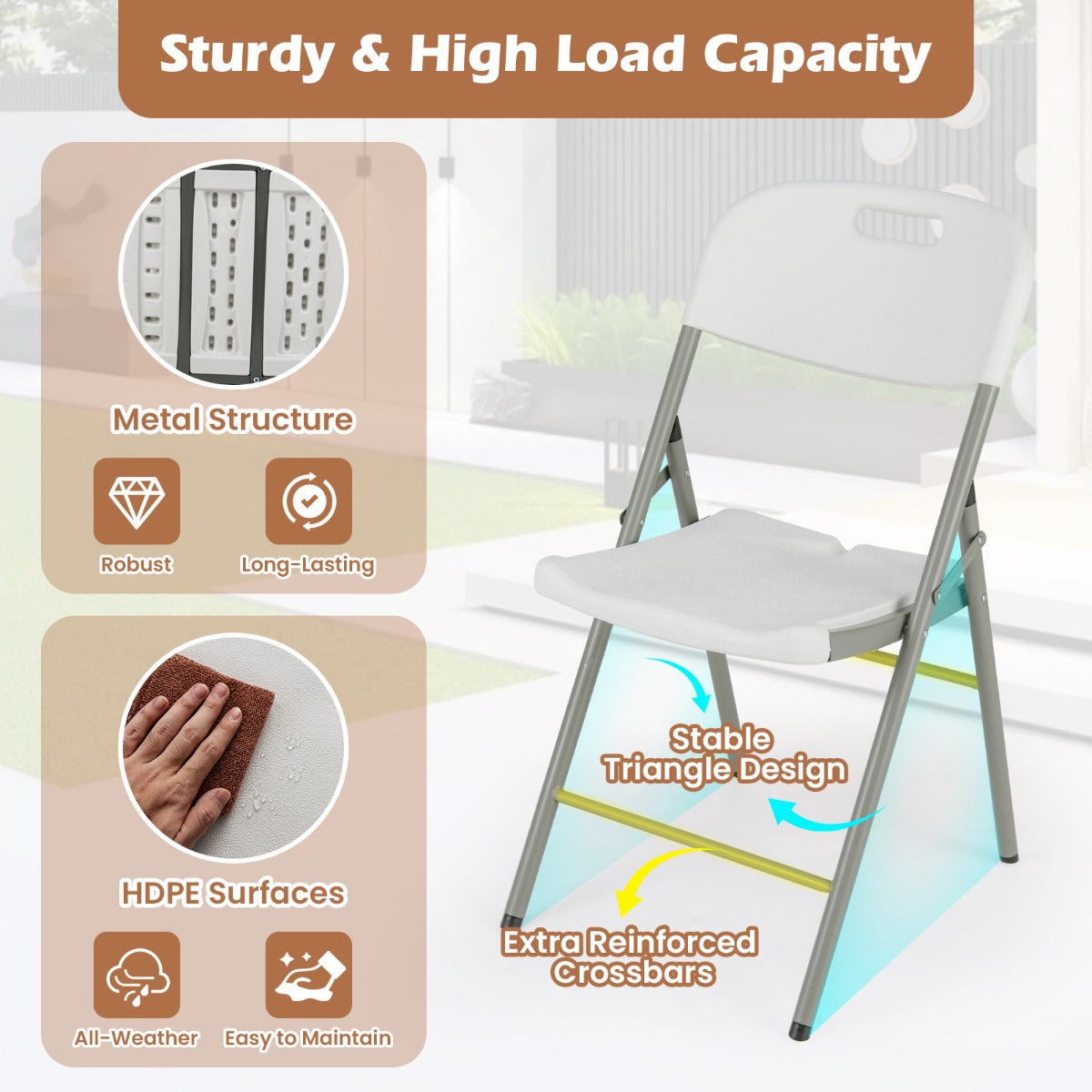 LIVSK Klapstoelen Set van 4 - Ergonomisch - Metalen Frame - Tot 160 kg - Weerbestendig - Inklapbaar - Draagbaar - Wit