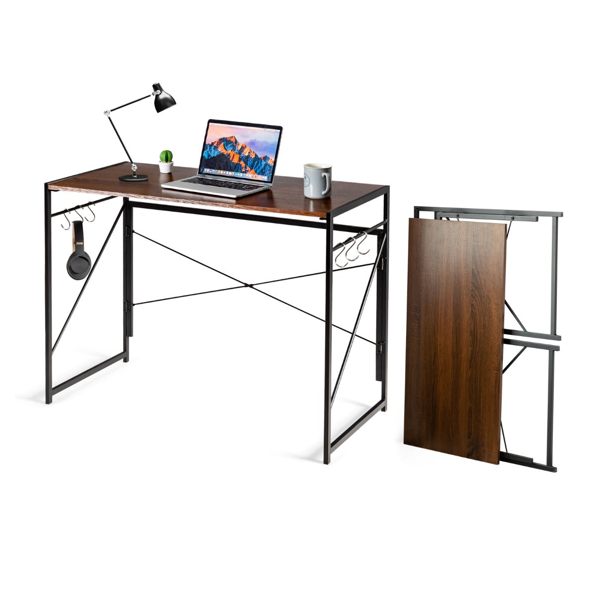 LIVSK Inklapbare Computertafel - Ruim Bureaublad 100 x 50 cm - 6 Haken - Stabiele X-structuur - Roestvrij Metaal - Bruin