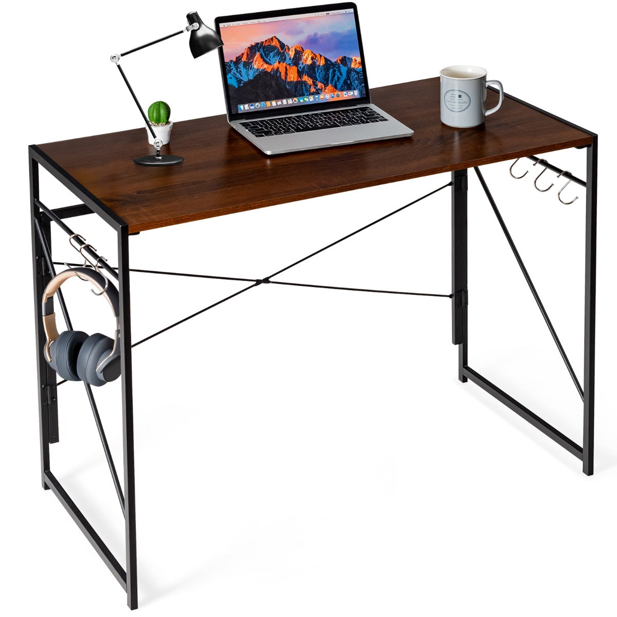 LIVSK Inklapbare Computertafel - Ruim Bureaublad 100 x 50 cm - 6 Haken - Stabiele X-structuur - Roestvrij Metaal - Bruin