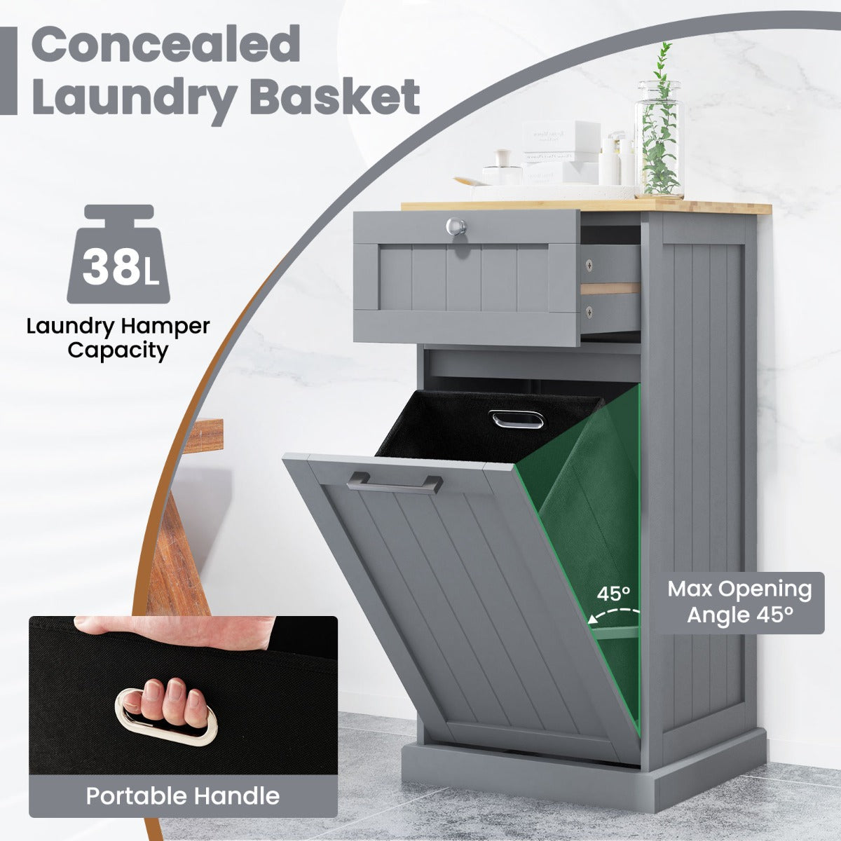 Livsk costway kledingkast met kantelbare wasmand en lade opbergkast met uitneembare wasmand voor badkamer slaapkamer bijkeuken grijs 3
