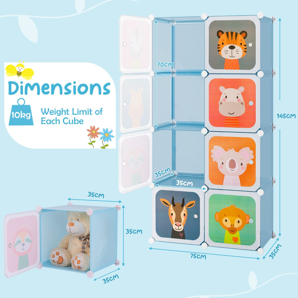 Livsk costway kledingkast voor kinderen babykledingkast met 8 vakken hanggedeelte leuke cartoon ladekast voor kinderkamer slaapkamer blauw 1 1