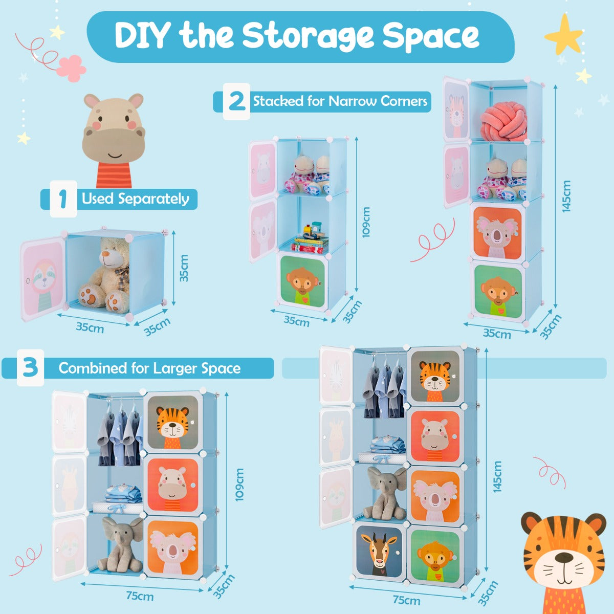 Livsk costway kledingkast voor kinderen babykledingkast met 8 vakken hanggedeelte leuke cartoon ladekast voor kinderkamer slaapkamer blauw 2