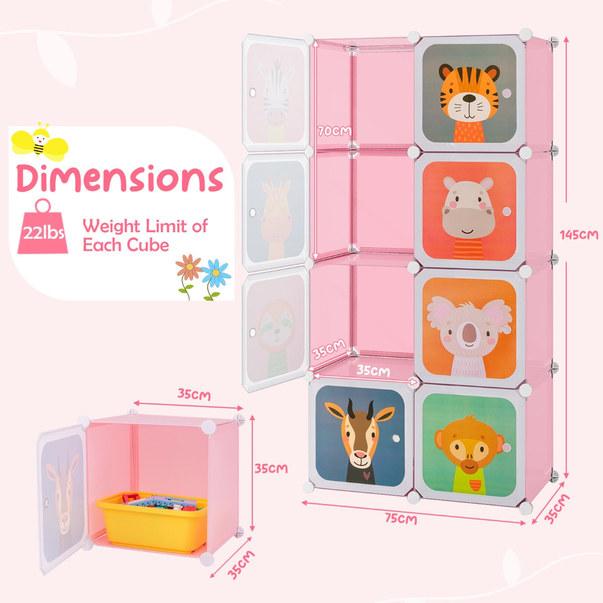 Livsk costway kledingkast voor kinderen babykledingkast met 8 vakken hanggedeelte leuke cartoon ladekast voor kinderkamer slaapkamer roze 1 1