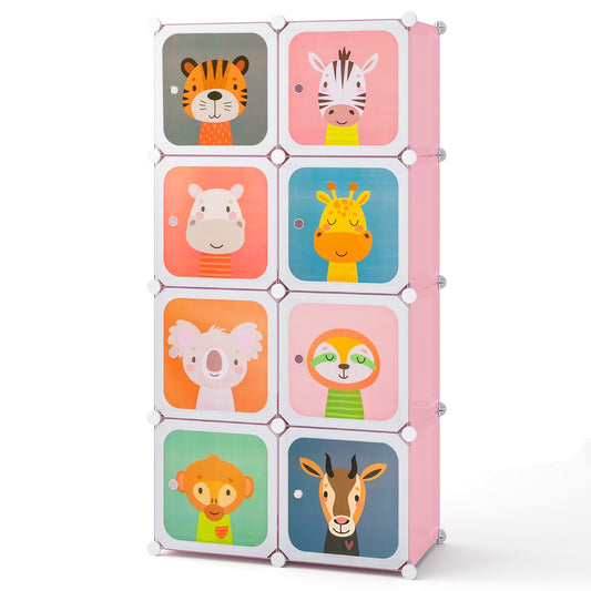 Livsk costway kledingkast voor kinderen babykledingkast met 8 vakken hanggedeelte leuke cartoon ladekast voor kinderkamer slaapkamer roze