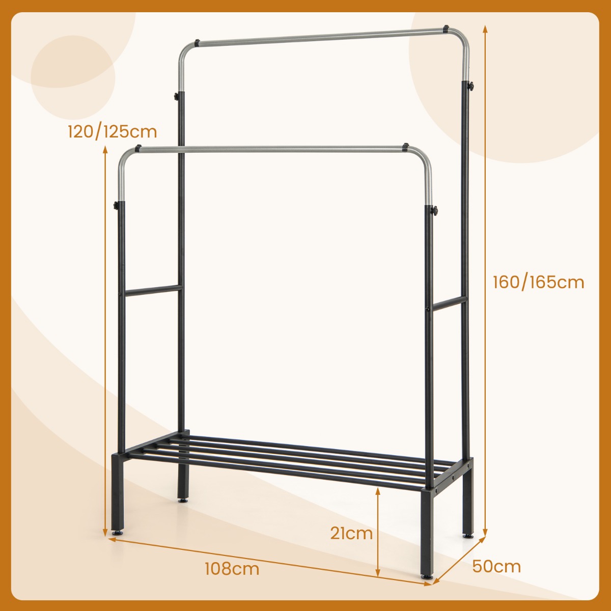 LIVSK Dubbele Kledingstandaard - Verstelbare Stangen - Robuust Metaal - Schoenenrek - 108 x 50 x 120/125 cm - Zwart + Zilver