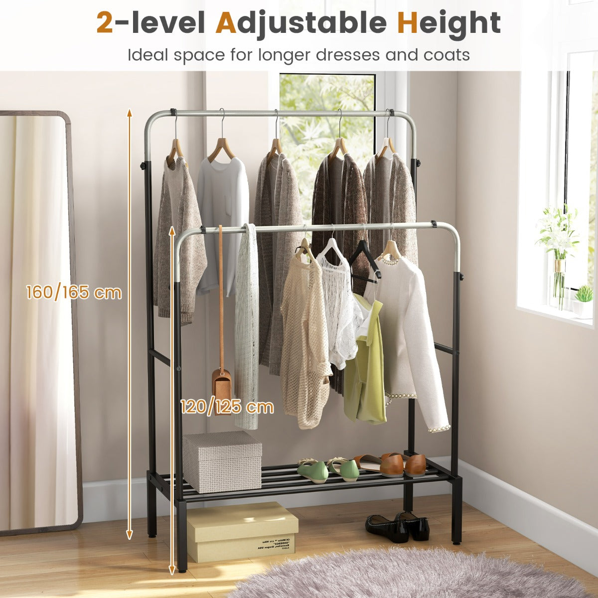 LIVSK Dubbele Kledingstandaard - Verstelbare Stangen - Robuust Metaal - Schoenenrek - 108 x 50 x 120/125 cm - Zwart + Zilver