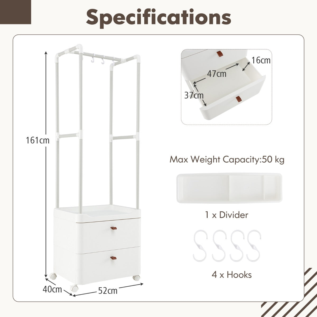 LIVSK Vrijstaand Kledingrek - Vergrendelbaar Metalen Frame - 4 Haken - 2 Lades - 52 x 40 x 161 cm - Wit