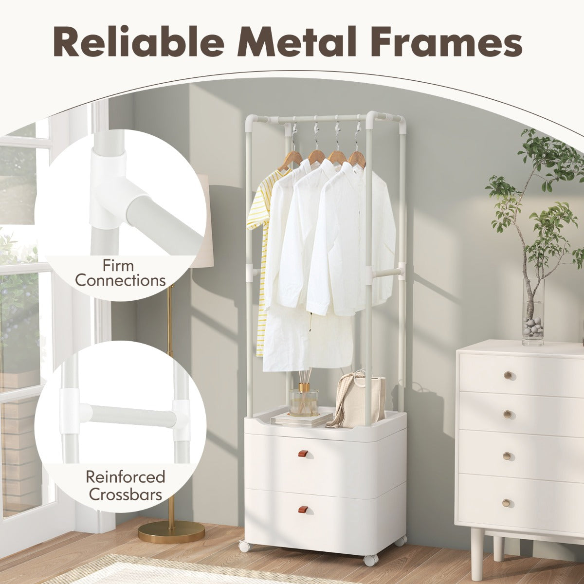 LIVSK Vrijstaand Kledingrek - Vergrendelbaar Metalen Frame - 4 Haken - 2 Lades - 52 x 40 x 161 cm - Wit
