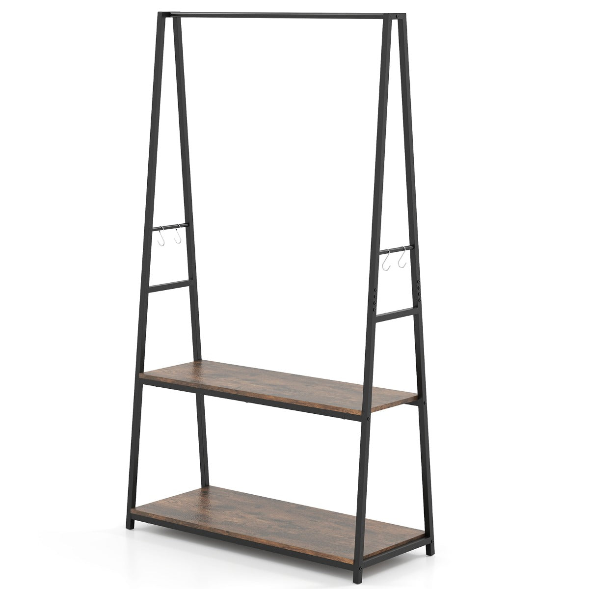 LIVSK Vrijstaand Kledingrek met 2 Planken - Robuust Metalen Frame - Driehoekige Structuur - Ideaal voor Jassen en Schoenen - Bruin
