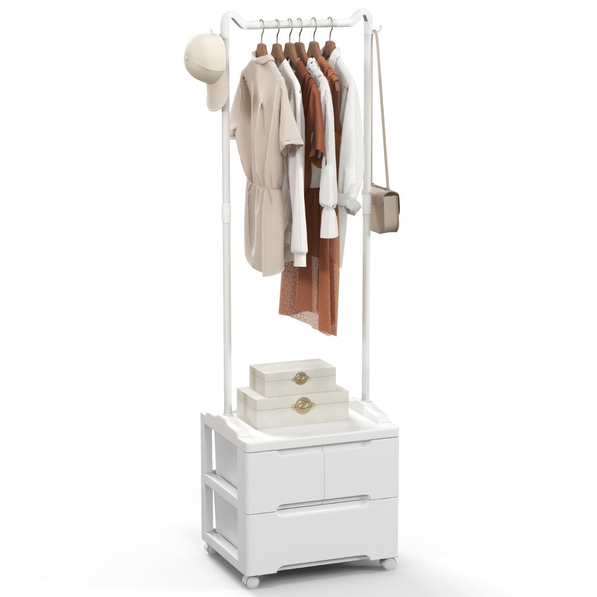 LIVSK Rollend Kledingrek met Lades - Stevige Koolstofstaal - Soepele Wielen - Compact Ontwerp - 46 x 38 x 157 cm - Wit