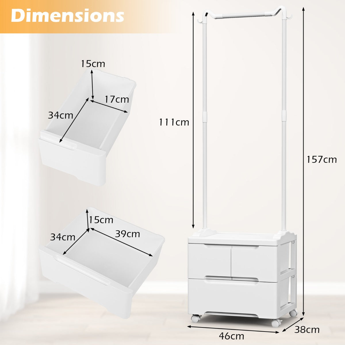 LIVSK Rollend Kledingrek met Lades - Stevige Koolstofstaal - Soepele Wielen - Compact Ontwerp - 46 x 38 x 157 cm - Wit