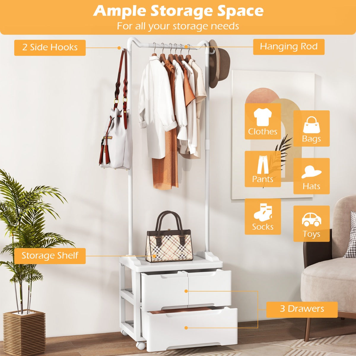 LIVSK Rollend Kledingrek met Lades - Stevige Koolstofstaal - Soepele Wielen - Compact Ontwerp - 46 x 38 x 157 cm - Wit