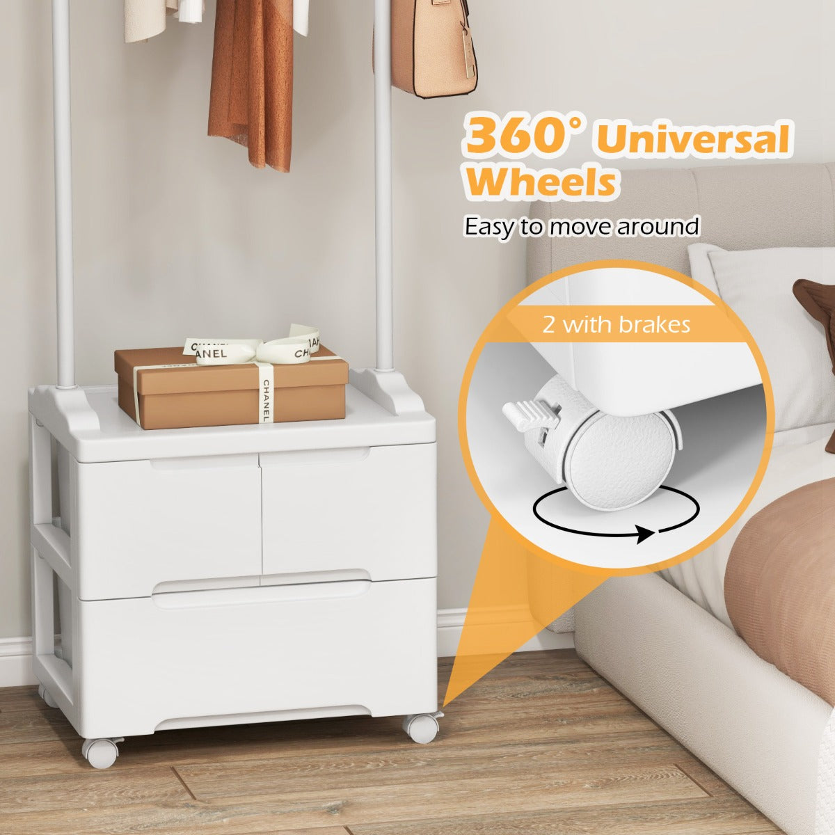 LIVSK Rollend Kledingrek met Lades - Stevige Koolstofstaal - Soepele Wielen - Compact Ontwerp - 46 x 38 x 157 cm - Wit