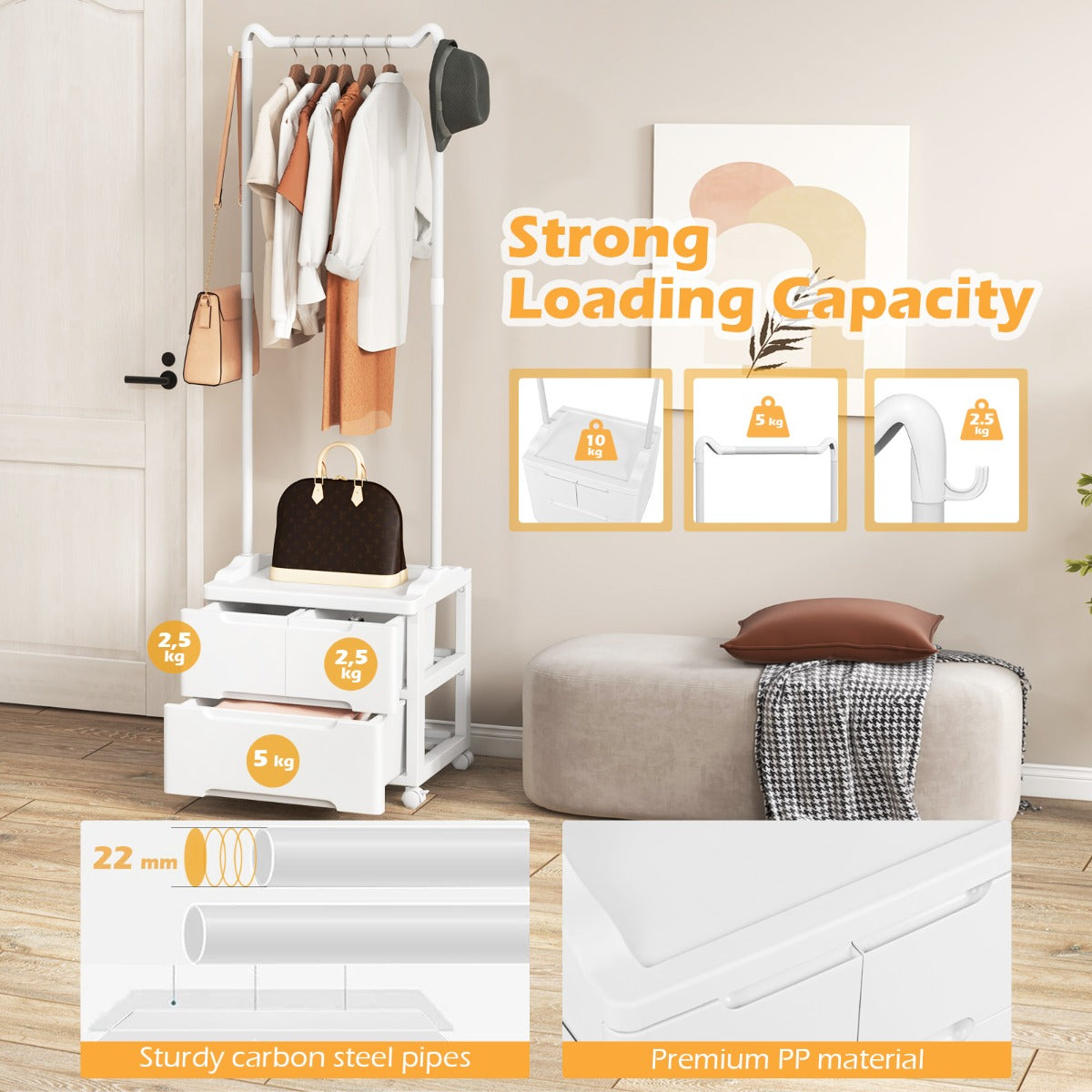 LIVSK Rollend Kledingrek met Lades - Stevige Koolstofstaal - Soepele Wielen - Compact Ontwerp - 46 x 38 x 157 cm - Wit