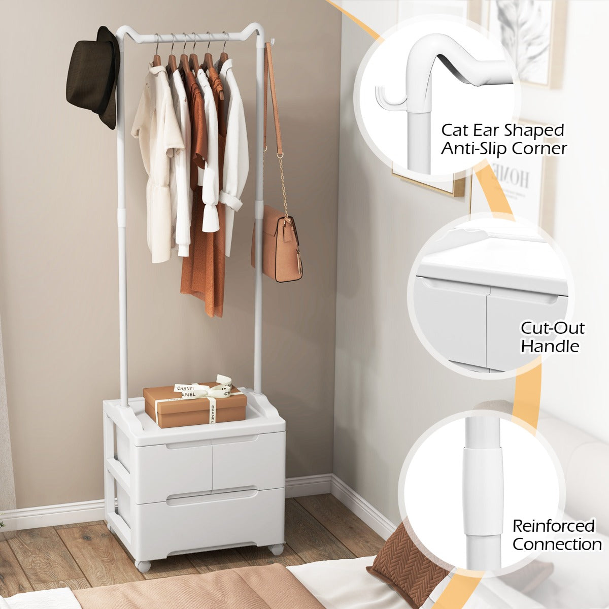 LIVSK Rollend Kledingrek met Lades - Stevige Koolstofstaal - Soepele Wielen - Compact Ontwerp - 46 x 38 x 157 cm - Wit