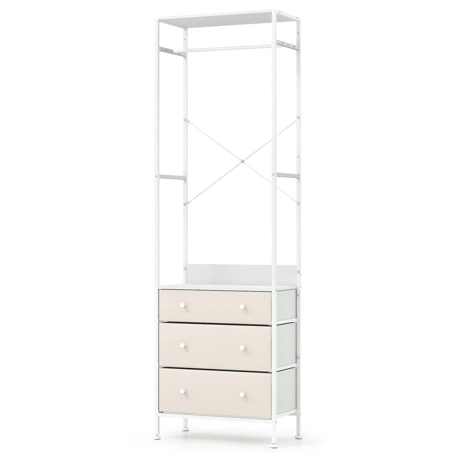 LIVSK Vrijstaande Kledingstandaard - 3-positie Kledingstaaf - 3 Uitneembare Lades - Robuust Metaal - 55 x 28 x 176 cm - Wit