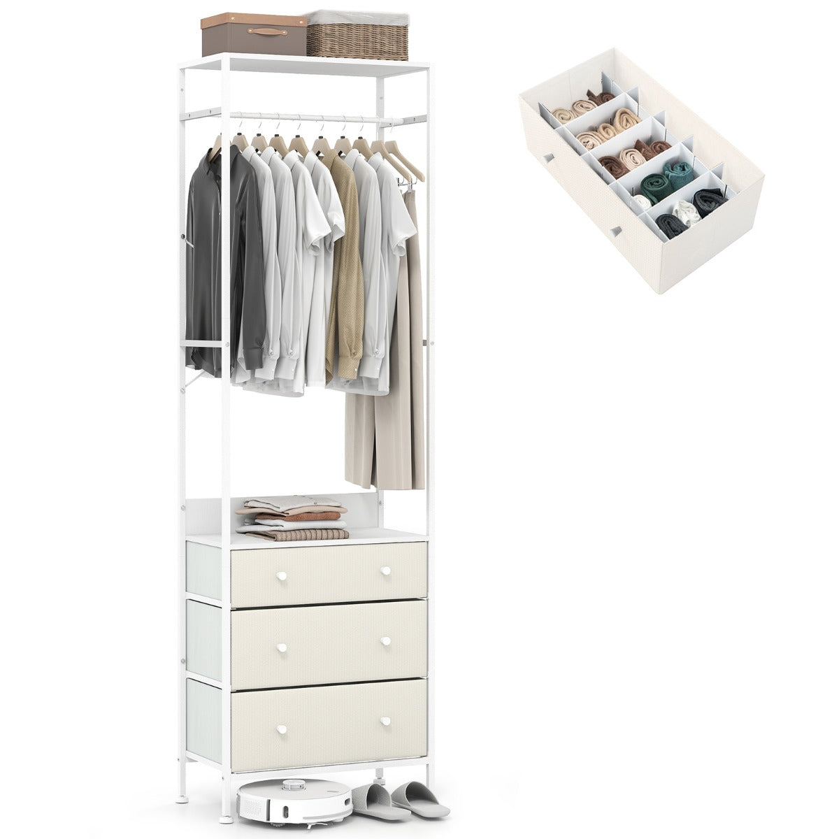 LIVSK Vrijstaande Kledingstandaard - 3-positie Kledingstaaf - 3 Uitneembare Lades - Robuust Metaal - 55 x 28 x 176 cm - Wit