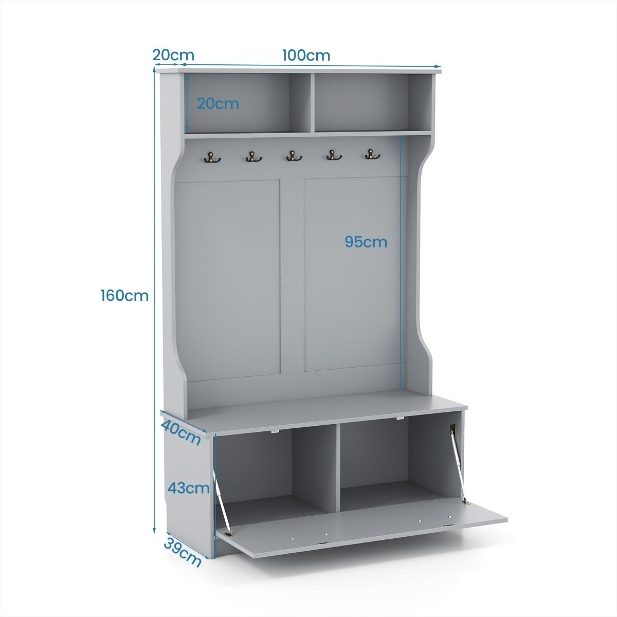 LIVSK Garderobestandaard met Zitbank - 5 Dubbele Haken - 2 Open Planken - 1 Gesloten Kast - Tot 90 kg - 100 x 40 x 160 cm - Grijs