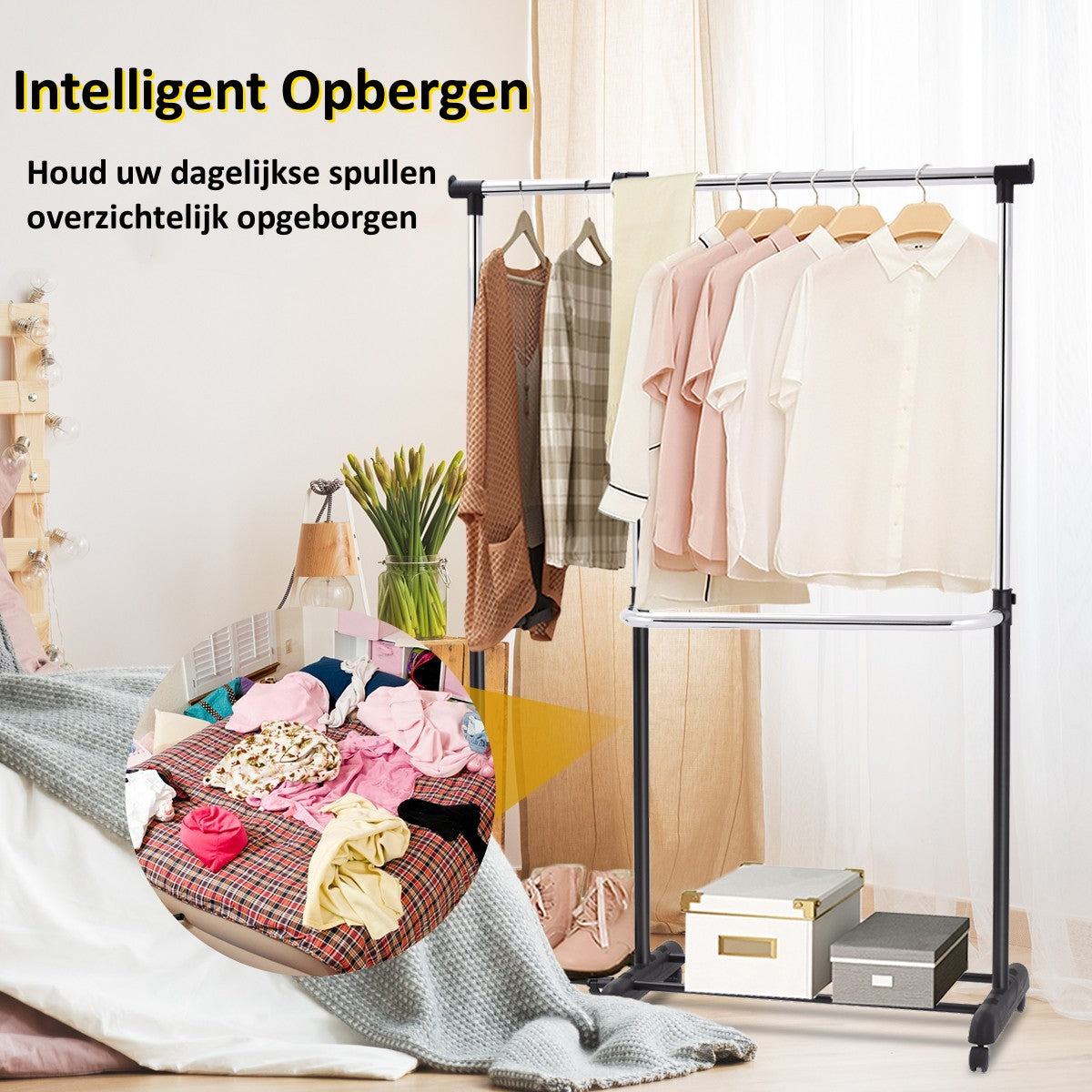LIVSK Kledingrek - Verstelbare Stangen van 93,5 cm tot 168 cm - Uittrekbaar en Met Zwenkwielen - Extra Opslag - Zwart en zilver