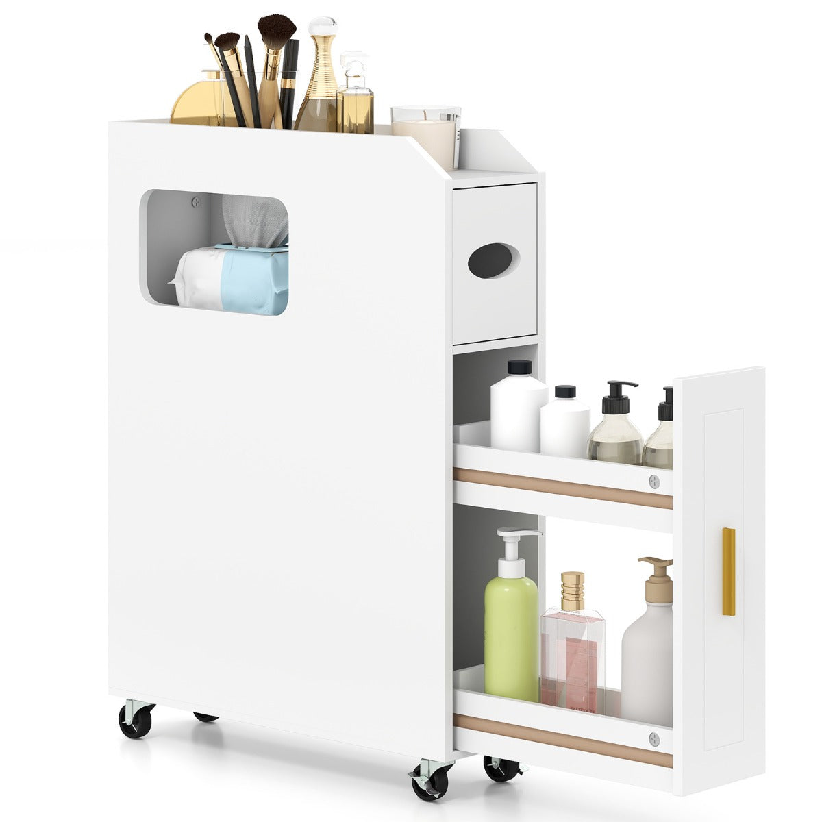 LIVSK Smalle Badkamerkast - Uittrekbare Lade - Verborgen Toiletborstelhouder - Met Wielen - 50 x 16 x 69 cm - Wit