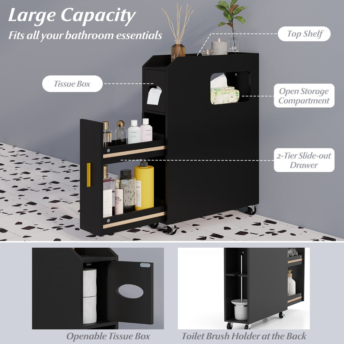 LIVSK Smalle Badkamerkast - Uittrekbare Lade - Toiletborstelhouder - Ruimtebesparend - 50 x 16 x 69 cm - Zwart