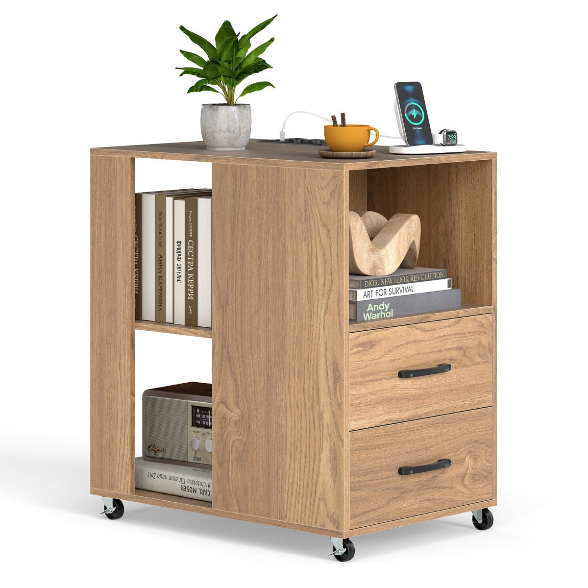Livsk costway kleine bijzettafel met wieltjes verrijdbaar nachtkastje met lade en plank naturel