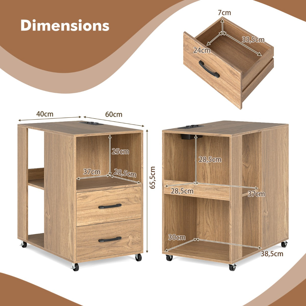Livsk costway kleine bijzettafel met wieltjes verrijdbaar nachtkastje met lade en plank naturel 2