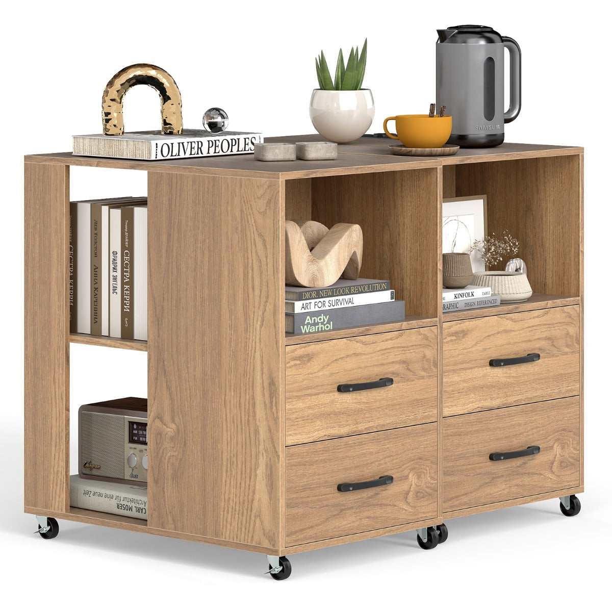 Livsk costway kleine bijzettafel met wieltjes verrijdbaar nachtkastje met lade en plank set van 2 naturel