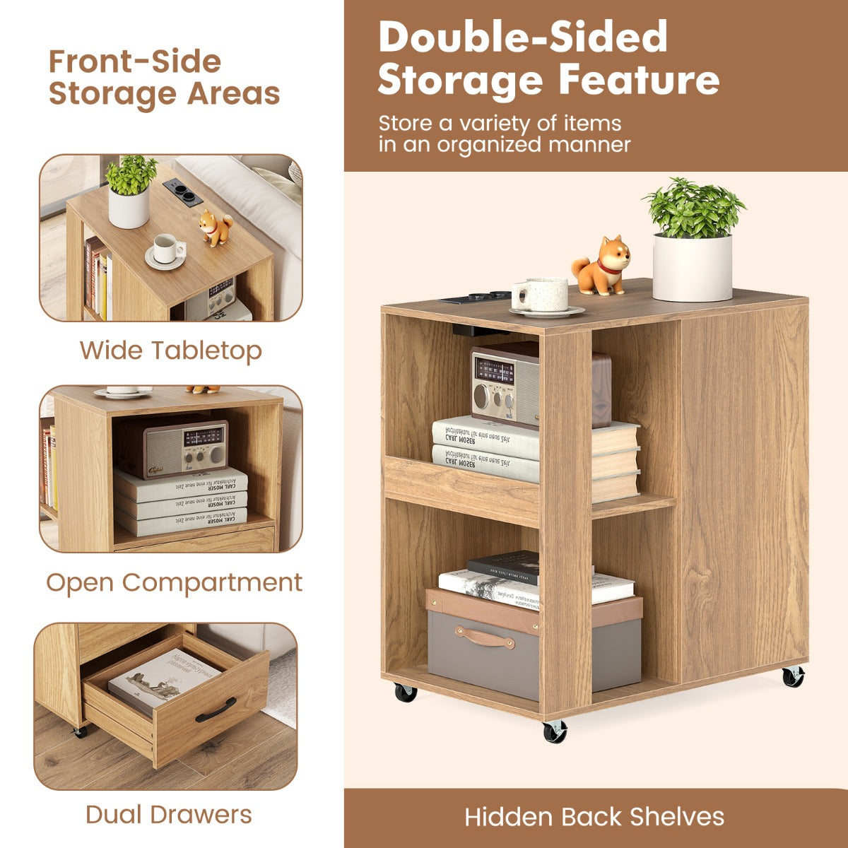 Livsk costway kleine bijzettafel met wieltjes verrijdbaar nachtkastje met lade en plank set van 2 naturel