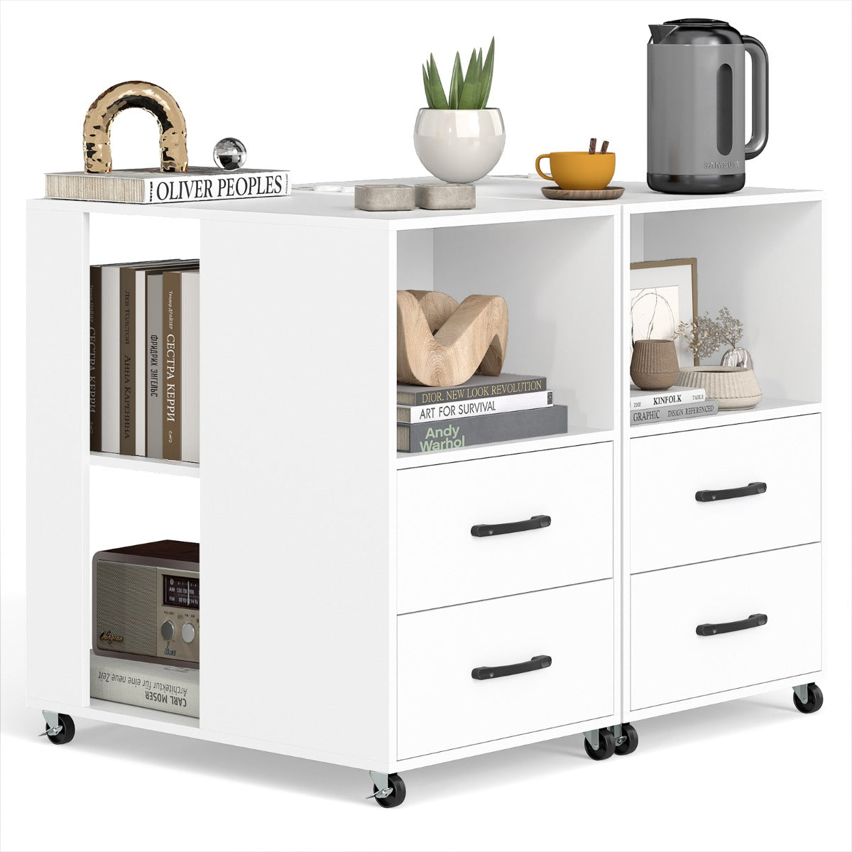 Livsk costway kleine bijzettafel met wieltjes verrijdbaar nachtkastje met lade en plank set van 2 wit