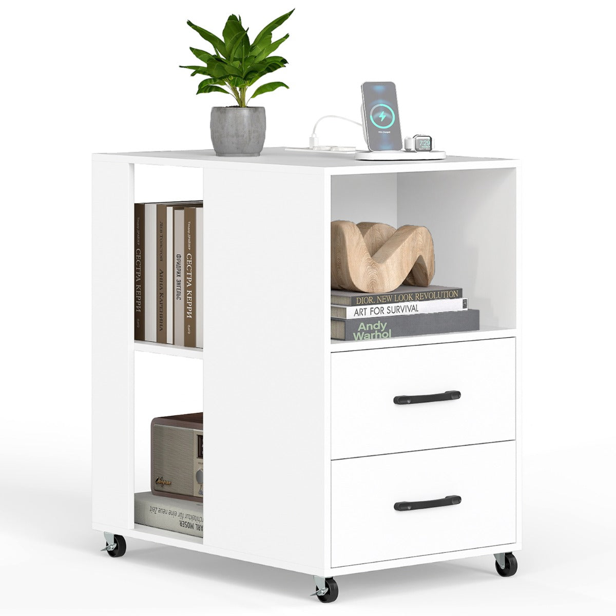 Livsk costway kleine bijzettafel met wieltjes verrijdbaar nachtkastje met lade en plank wit