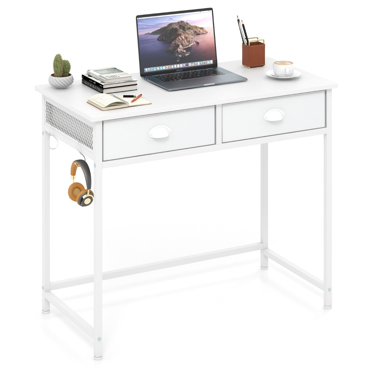 LIVSK Bureau met 2 Stoffen Lades - Robuust Metalen Frame - Verstelbare Voetpads - Compact voor Kleine Ruimtes - Wit