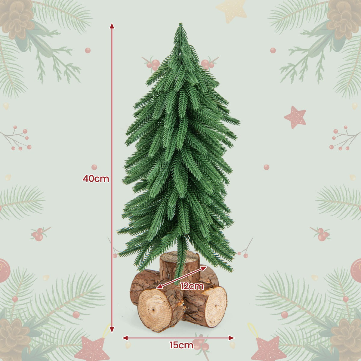 LIVSK Kunstmatige Tafelkerstboom - 40 cm - 200 Takpunten - PE-materiaal - Massief Houten Sokkel - Groen en Bruin