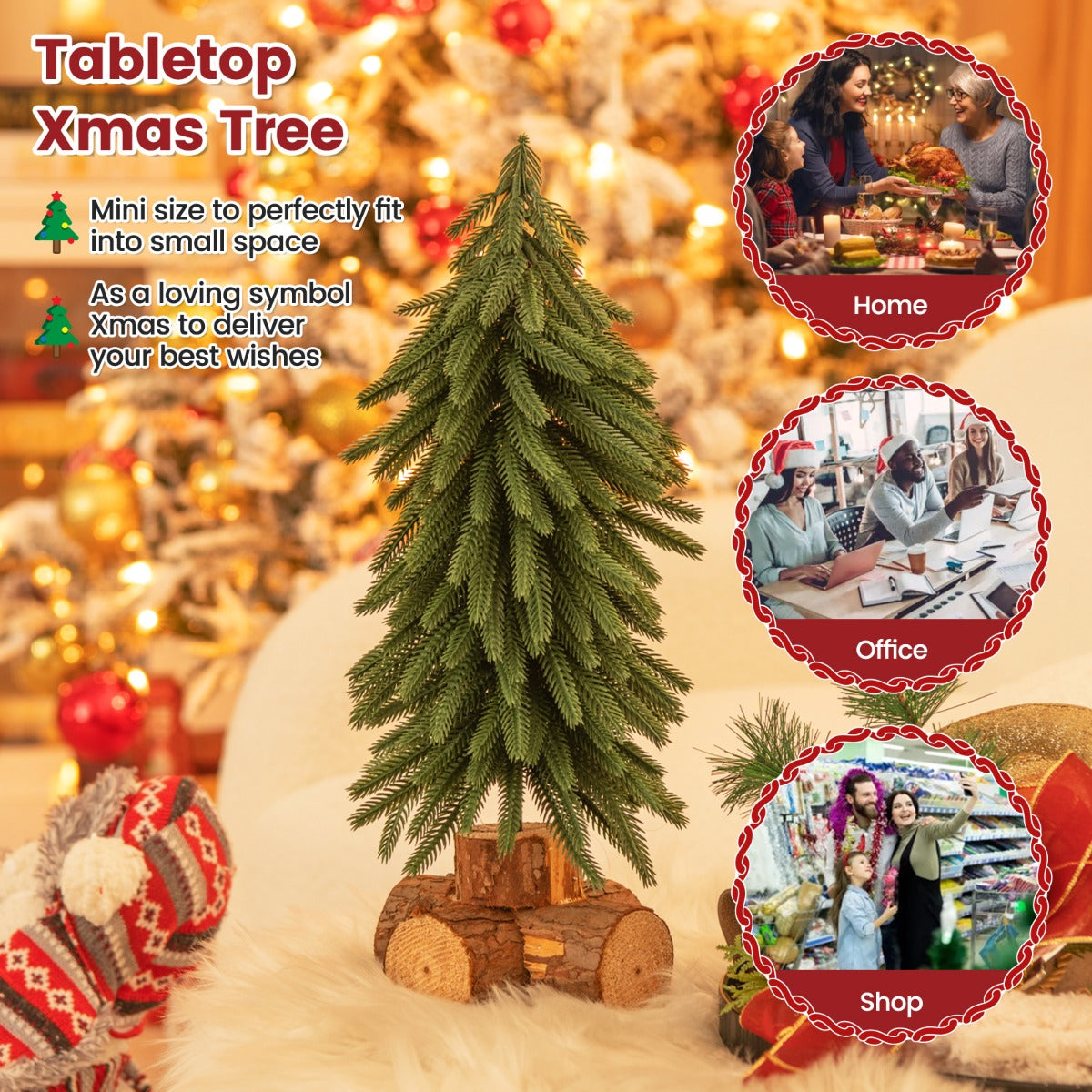 LIVSK Kunstmatige Tafelkerstboom - 40 cm - 200 Takpunten - PE-materiaal - Massief Houten Sokkel - Groen en Bruin