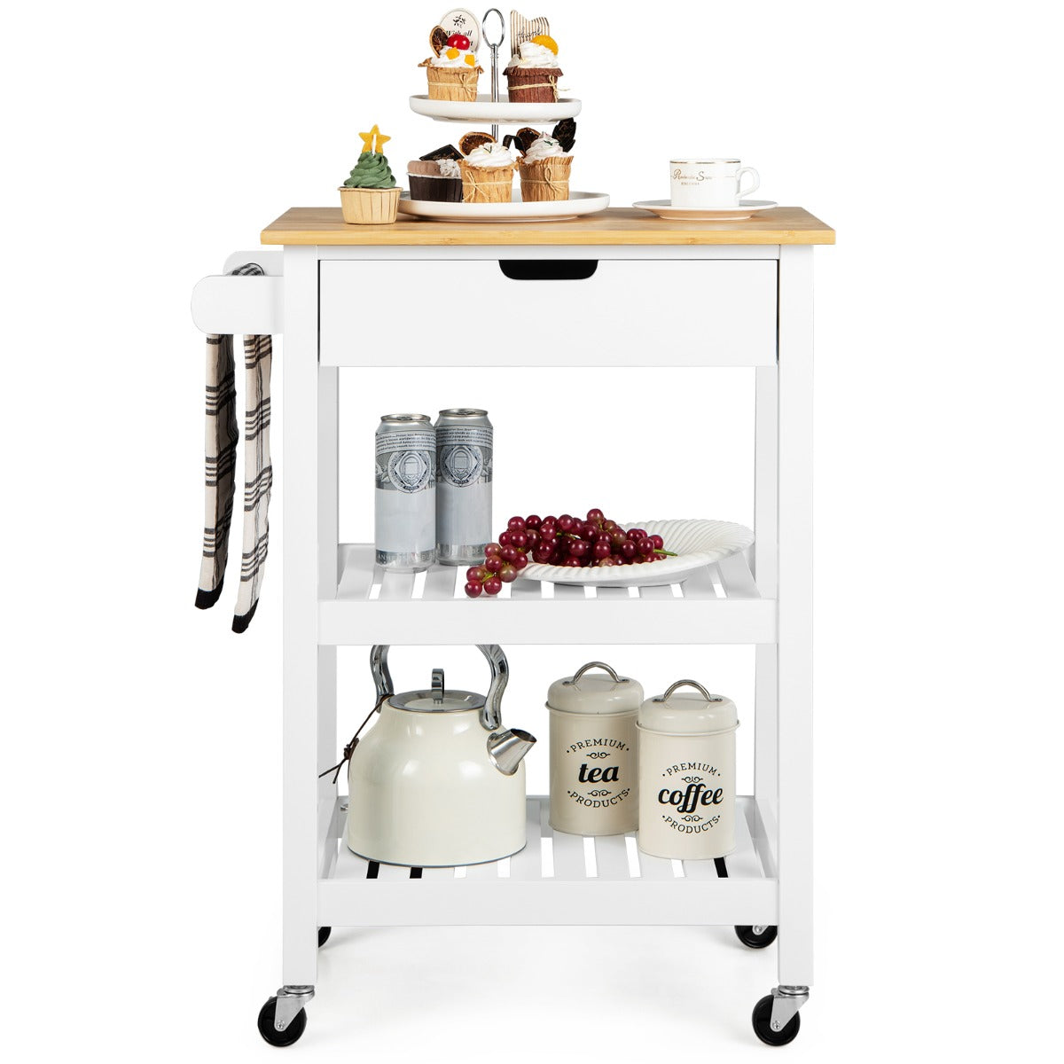 Livsk costway kleine keukentrolley op wieltjes serveerwagen van bamboehout met lade en duwgreep 2 open planken rolwagen keukentrolley wit