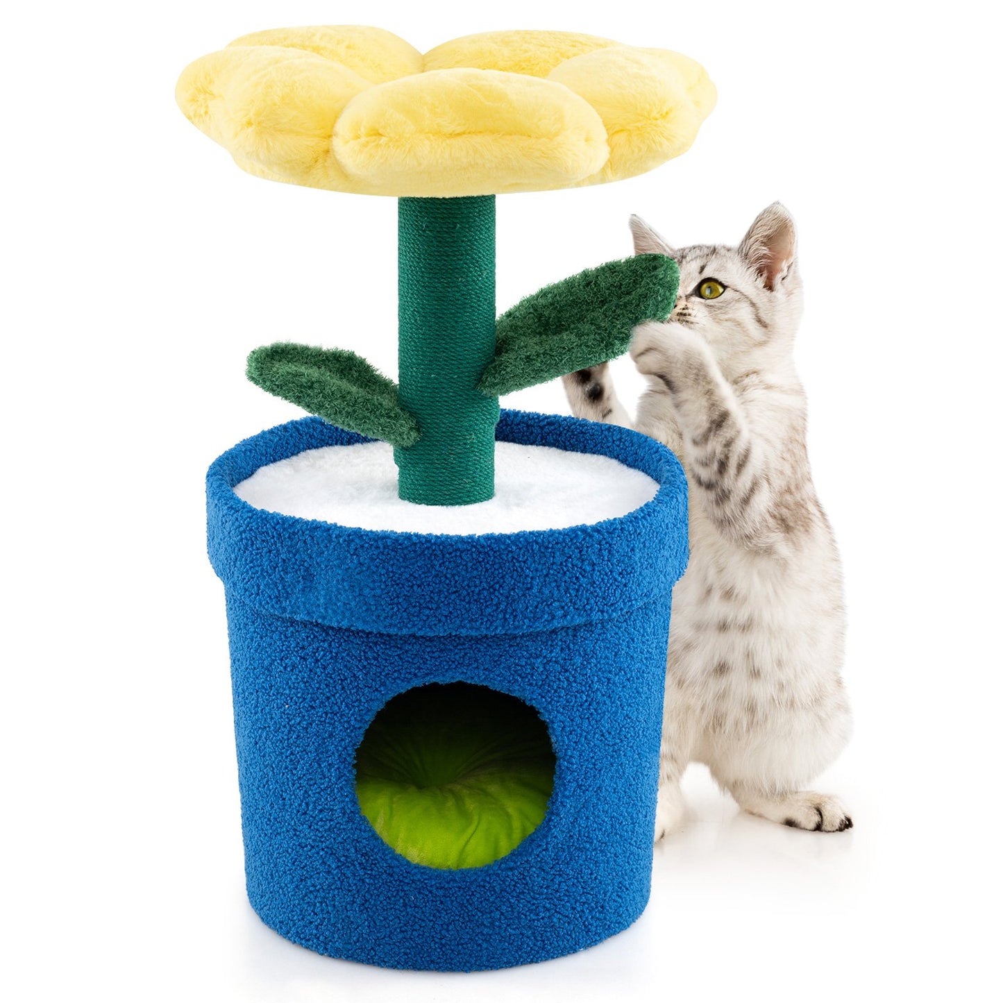 LIVSK Kattenkrabpaal - Bloemen-uitkijkpunt met Pluche Vulling - Krabpaal en Slaapbed - Eenvoudig te Monteren - 39,5 x 39,5 x 72