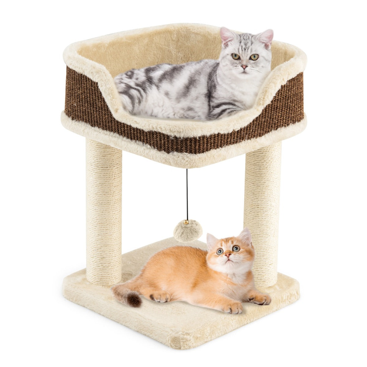 LIVSK Kleine Krabpaal - Zacht Pluche - 2 Sisal Krabpalen - Pluizige Pompon - Veilig Zitvlak - Voor Katten tot 10 kg - Beige