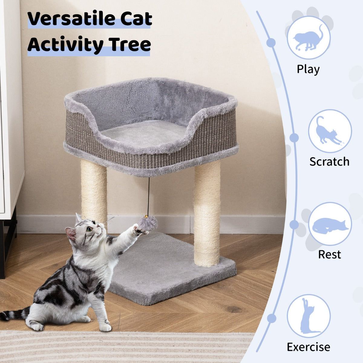 LIVSK Kleine Krabpaal - Zacht Pluche - Sisal Krabpalen - Speelbal - Veilig Zitvlak - Voor Katten Tot 10 kg - Grijs