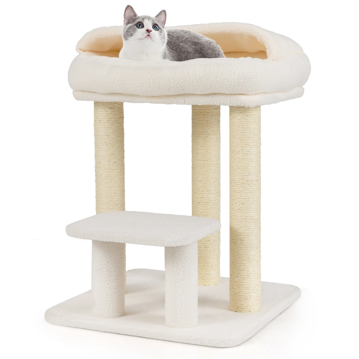LIVSK Kattenboom met Krabpaal - Luxe Ligplaats - Zacht Kunst-Sherpa-Fleece - Stabiliteit - Wit - 47,5 x 47,5 x 61 cm