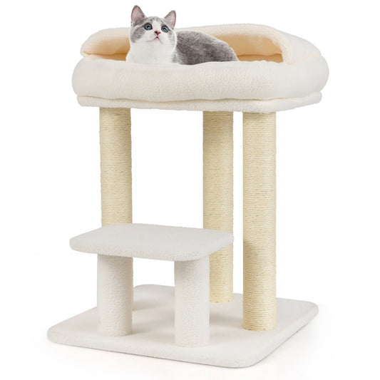 LIVSK Kattenboom met Krabpaal - Luxe Ligplaats - Zacht Kunst-Sherpa-Fleece - Stabiliteit - Wit - 47,5 x 47,5 x 61 cm