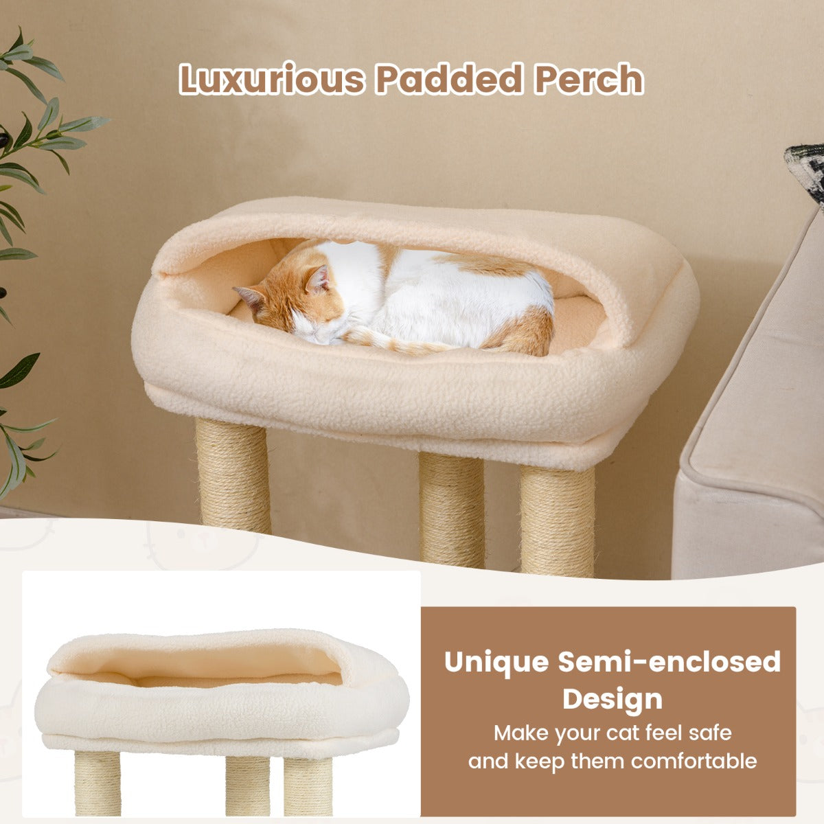 LIVSK Kattenboom met Krabpaal - Luxe Ligplaats - Zacht Kunst-Sherpa-Fleece - Stabiliteit - Wit - 47,5 x 47,5 x 61 cm