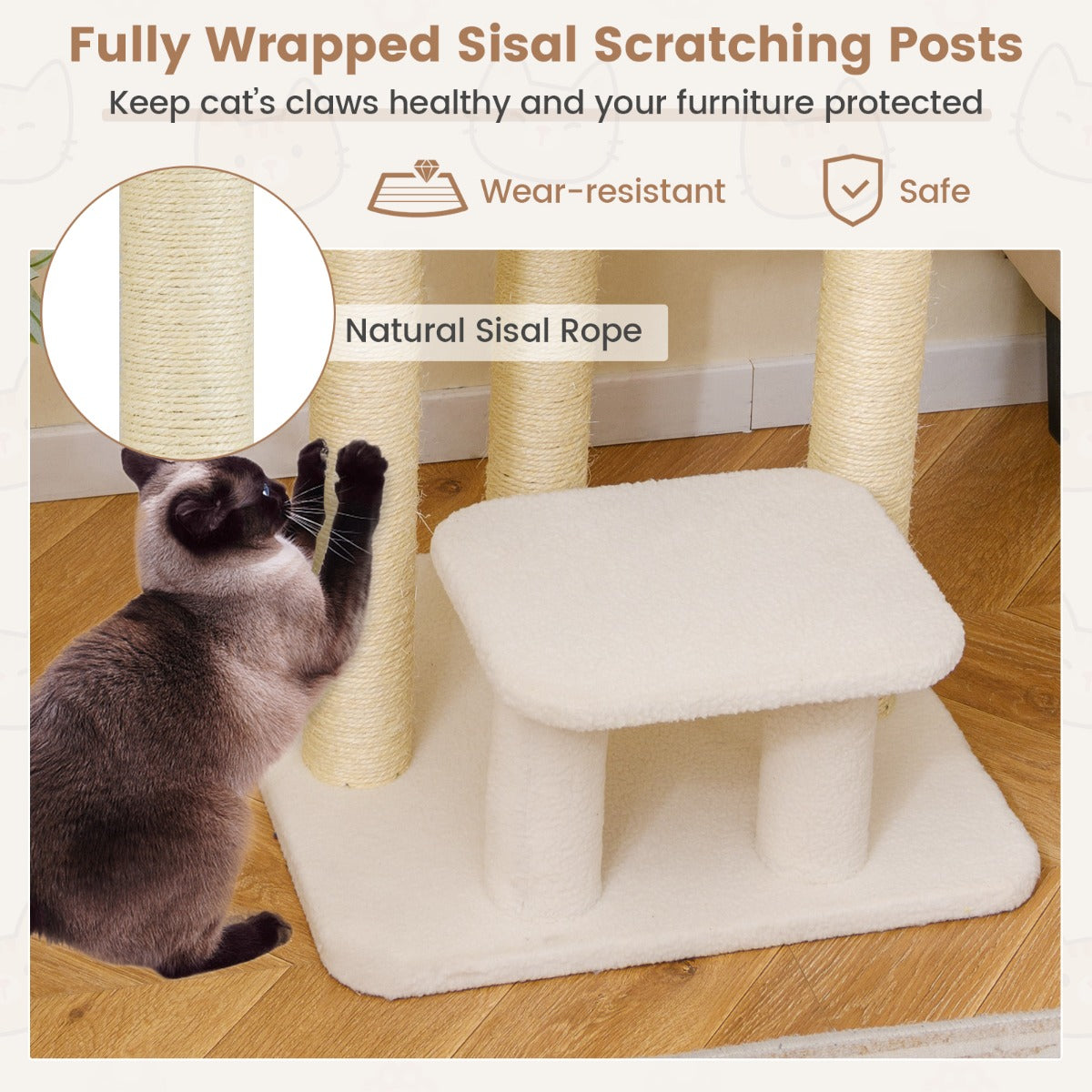 LIVSK Kattenboom met Krabpaal - Luxe Ligplaats - Zacht Kunst-Sherpa-Fleece - Stabiliteit - Wit - 47,5 x 47,5 x 61 cm