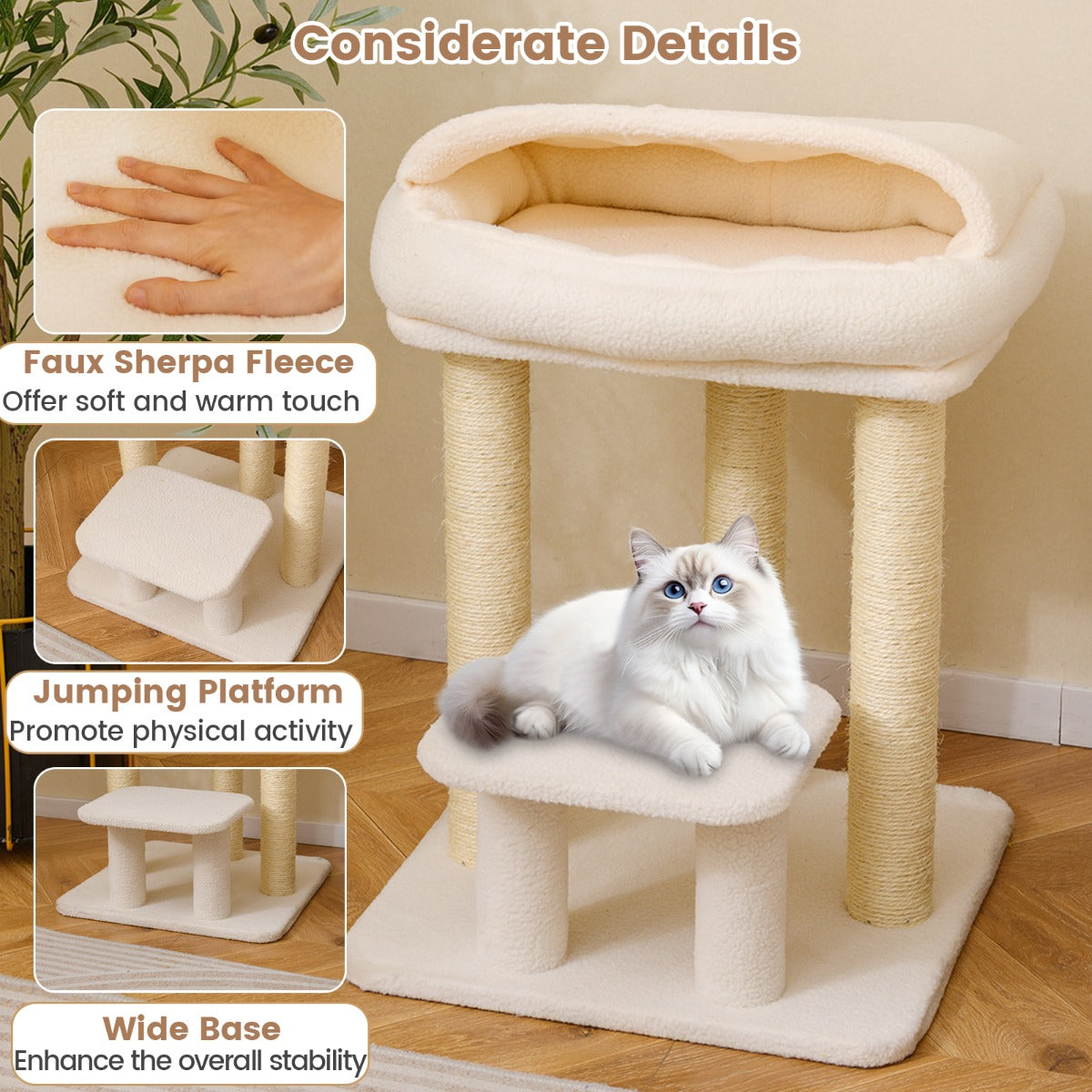 LIVSK Kattenboom met Krabpaal - Luxe Ligplaats - Zacht Kunst-Sherpa-Fleece - Stabiliteit - Wit - 47,5 x 47,5 x 61 cm