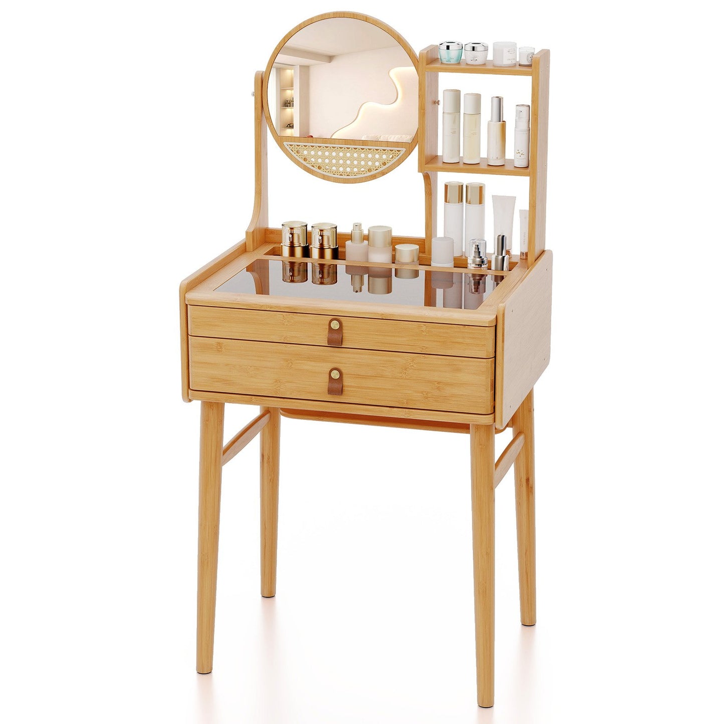LIVSK Bamboe Make-uptafel met Draaibare Spiegel - 2 Lades - Open Planken - Compact - Veiligheidsfunctie - Natuurlijk