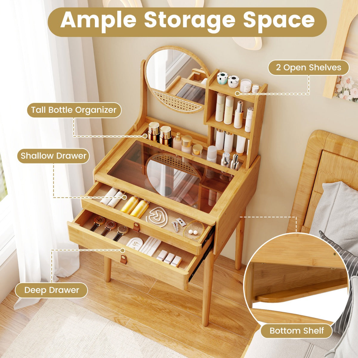 LIVSK Bamboe Make-uptafel met Draaibare Spiegel - 2 Lades - Open Planken - Compact - Veiligheidsfunctie - Natuurlijk