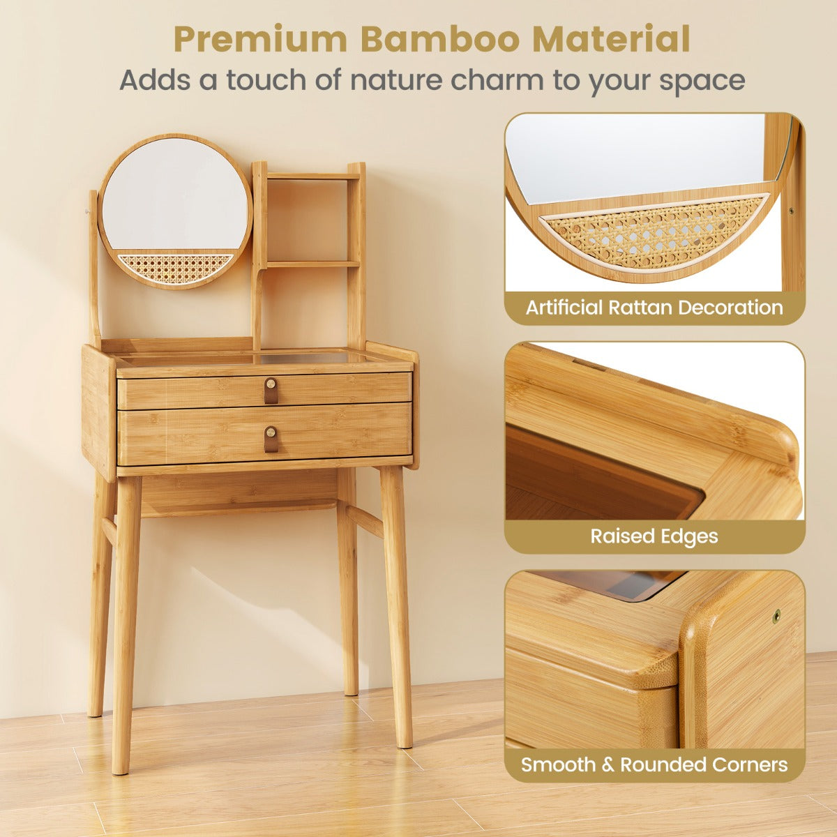 LIVSK Bamboe Make-uptafel met Draaibare Spiegel - 2 Lades - Open Planken - Compact - Veiligheidsfunctie - Natuurlijk