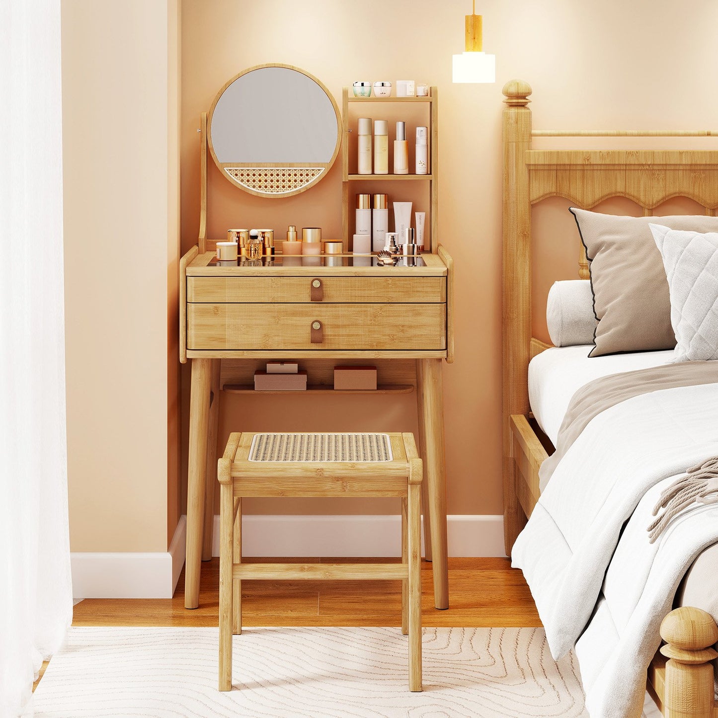 LIVSK Bamboe Make-uptafel met Draaibare Spiegel - 2 Lades - Open Planken - Compact - Veiligheidsfunctie - Natuurlijk