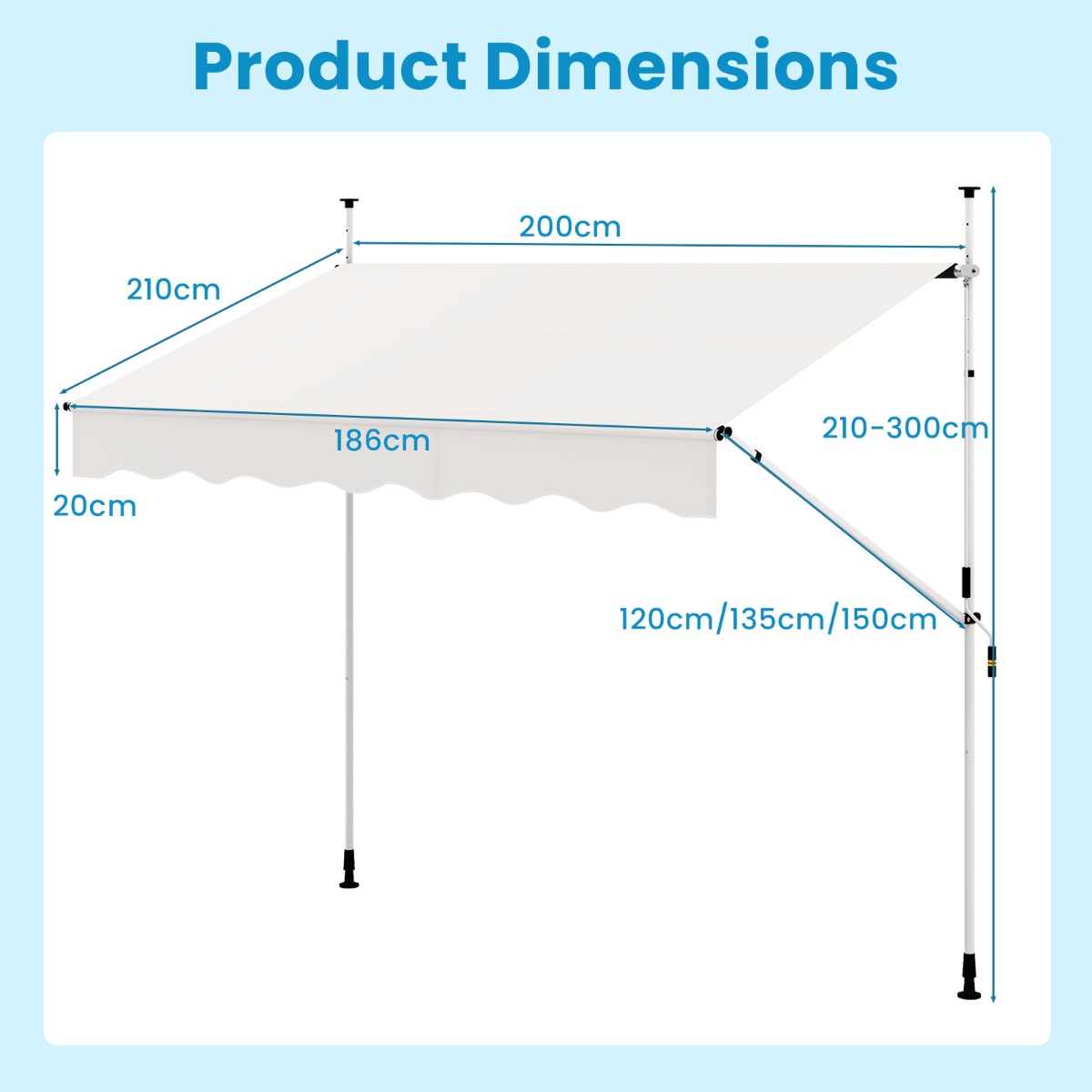 LIVSK Handmatig Retractable Zonnescherm - Hoogte 210-300 cm - UV-bestendig - Waterafstotend Polyester - Eenvoudige Montage - Wit